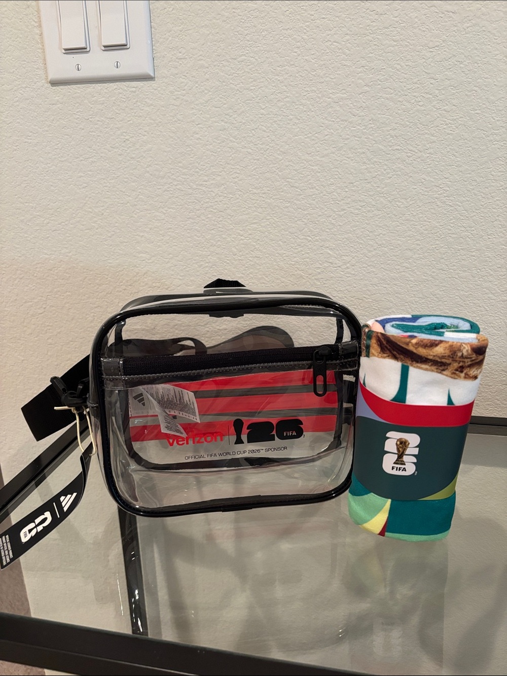 Adidas & Verizon 2026 FIFA World Cup clear crossbody stadium bag + sports towel